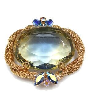 Vintage Blue Yellow Glass Brooch Pendant AB Rhinestone Gold Mesh 1960s